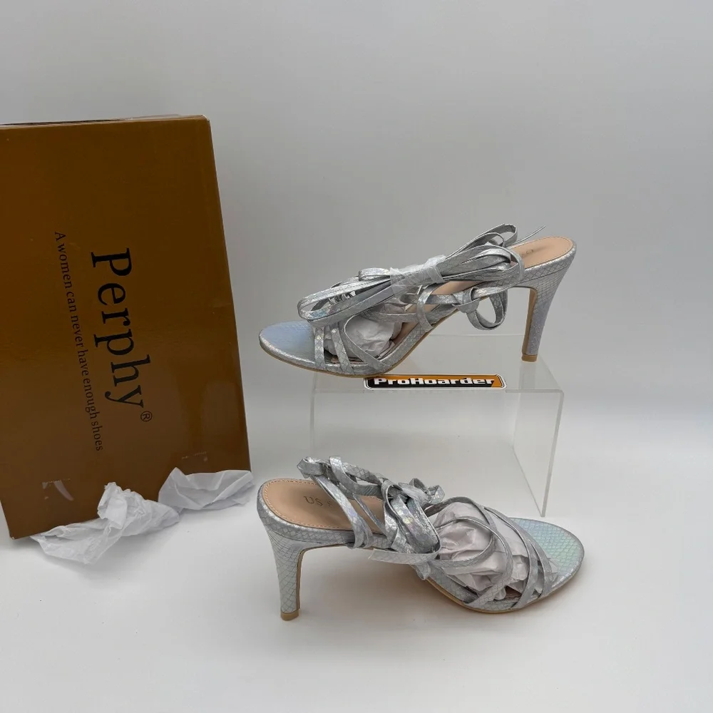 Perphy Women's Snakeskin Print Strappy Lace Up Stiletto Heel Slingback Sandals